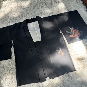 Black Embroidered Kimono Top with Orange & Silver Floral Motif (fr japan)